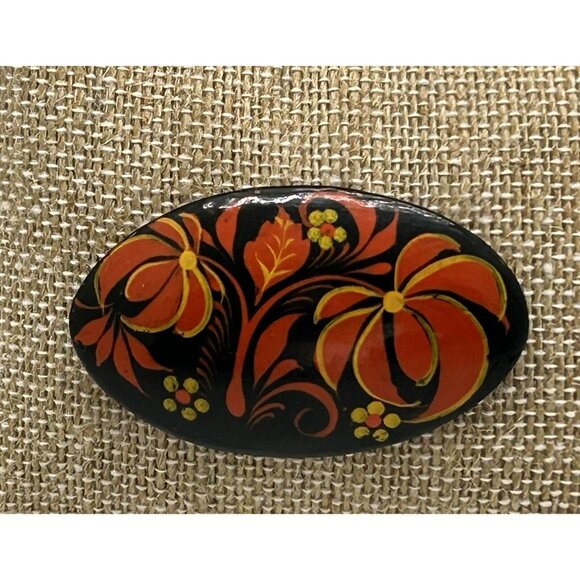 Hand-Painted Vintage Oval Floral Brooch Red Yellow Flower Design Black Lacquered - Picture 2 of 11